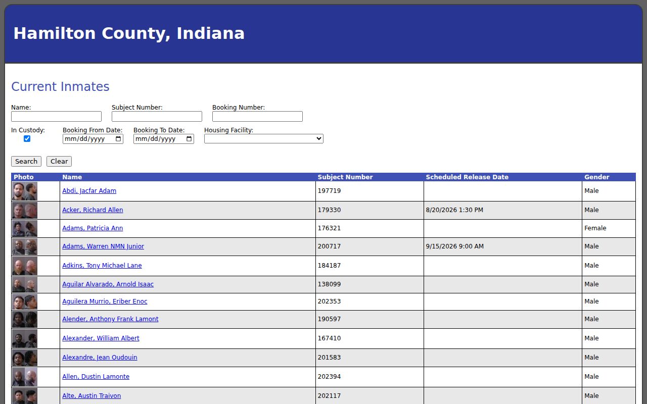 Hamilton County current-inmate search form without result records