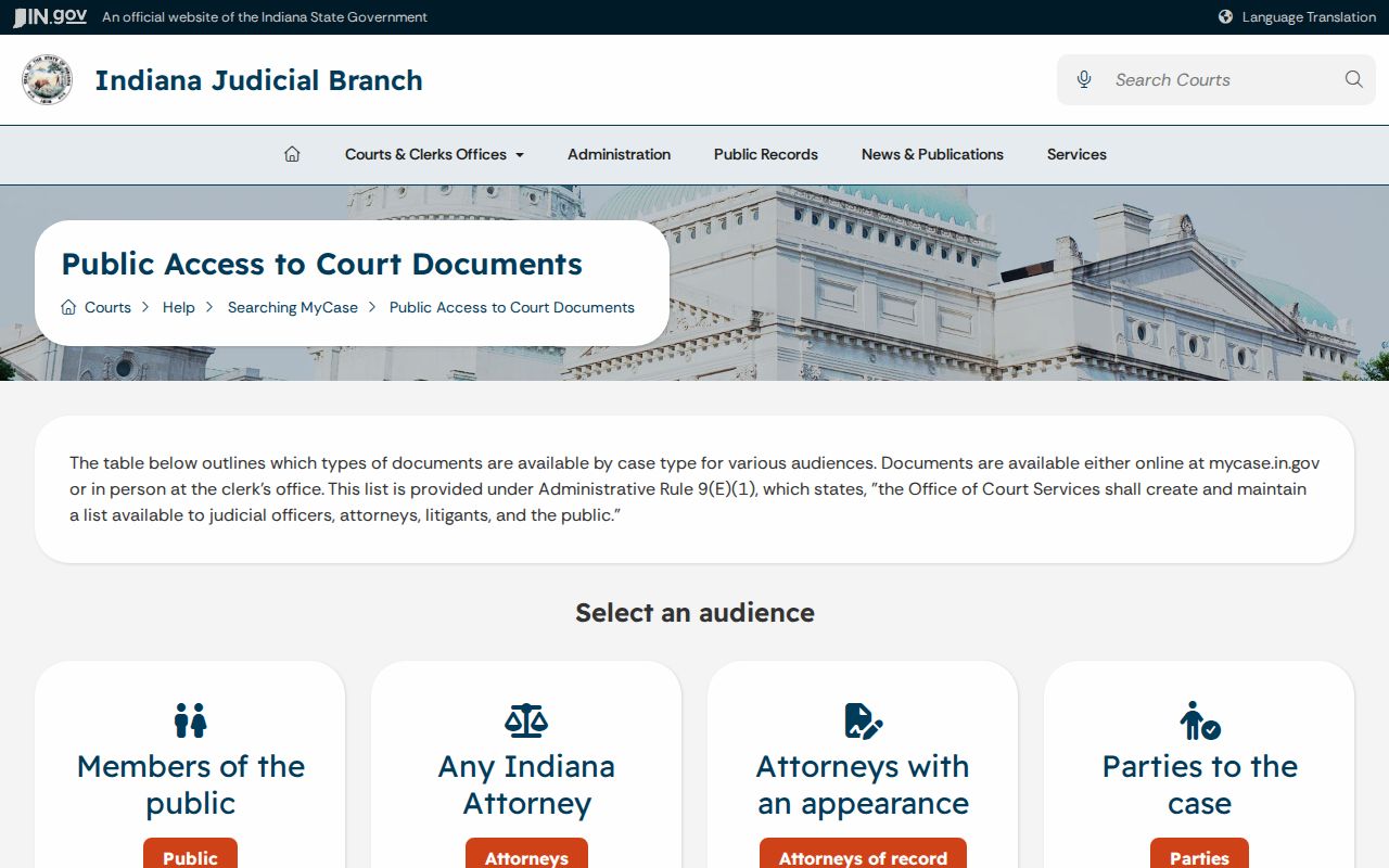 Indiana court document public-access table for online and in-person records